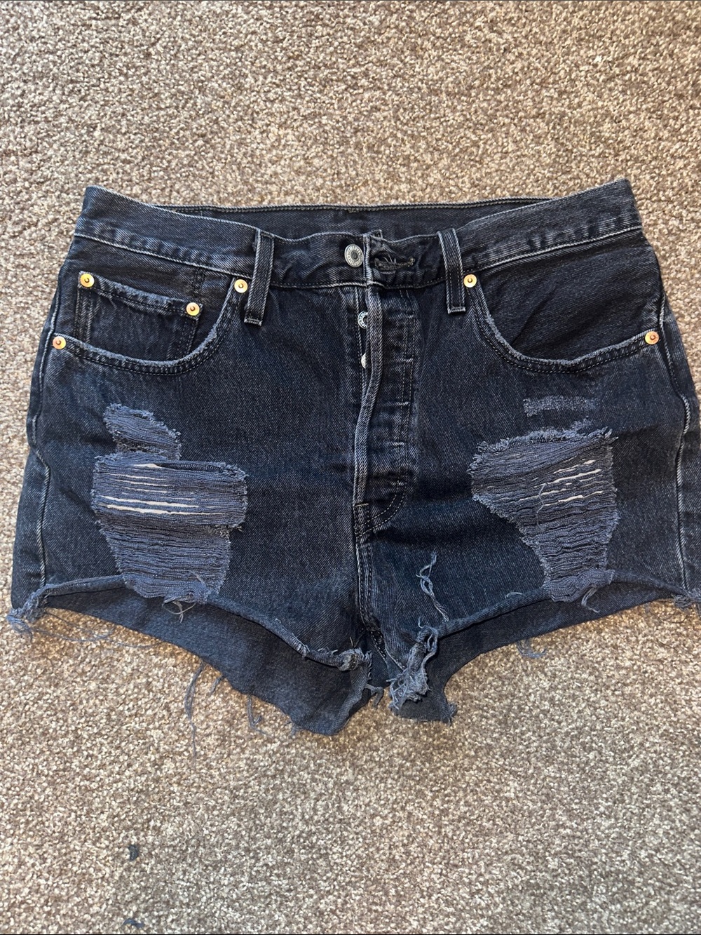 Levi’s 501 Distressed Black Denim Shorts, Size 32